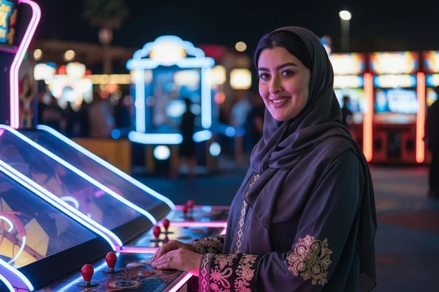 Arab Woman Playing Arcade Games at Theme Park at Night