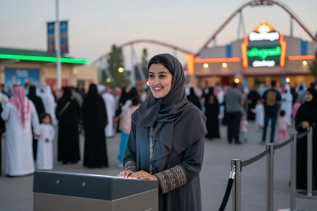 امرأة سعودية مبتسمة في مدينة ملاهي بالرياض مساءً