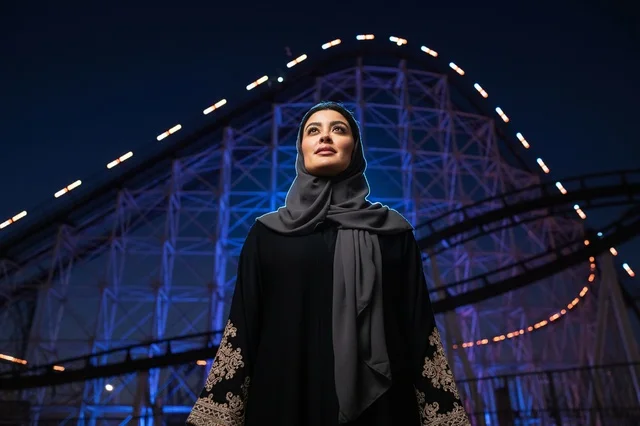 امرأة عربية بالحجاب أمام أفعوانية في مدينة الملاهي ليلا