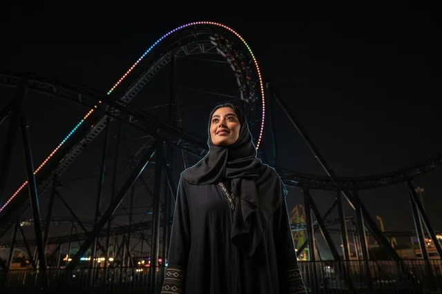امرأة عربية بالعباءة في مدينة الملاهي مع قطار الموت ليلاً