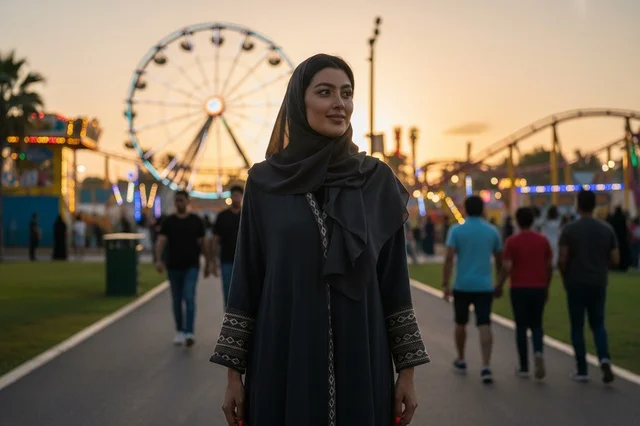 امرأة سعودية بالعباءة في مدينة الملاهي عند الغروب