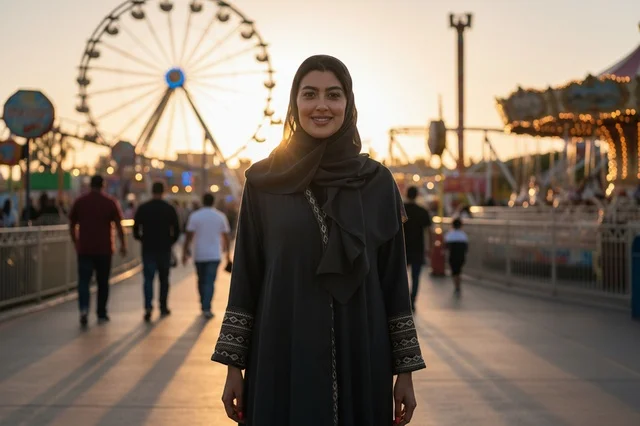 امرأة عربية بالعباءة في مدينة الملاهي وقت الغروب