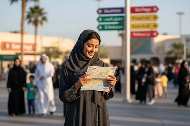 امرأة سعودية مبتسمة تحمل خريطة في منتزه ترفيهي خارجي