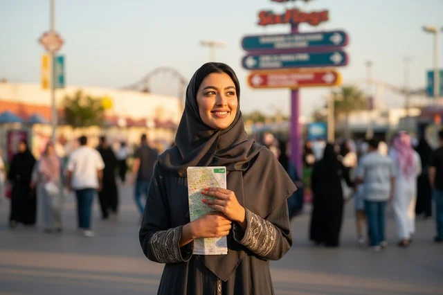 امرأة سعودية تحمل خريطة في بوليفارد الرياض