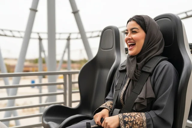 امرأة سعودية في لعبة قطار الموت بمدينة الملاهي