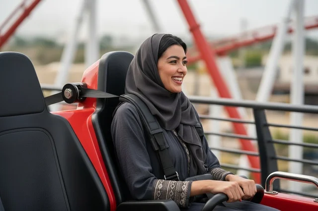 امرأة عربية مبتسمة تركب قطار الموت في مدينة الملاهي