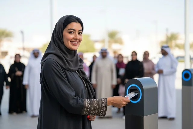 Arab Woman Scanning Ticket at Smart Electronic Gate Entrance