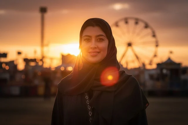 Arab Woman in Hijab at Amusement Park during Sunset