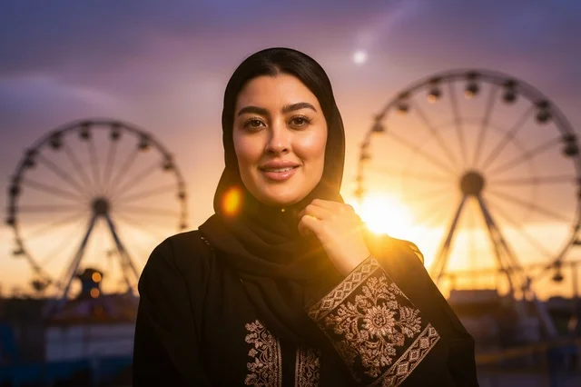 Saudi Arab Woman in Abaya at Theme Park During Sunset