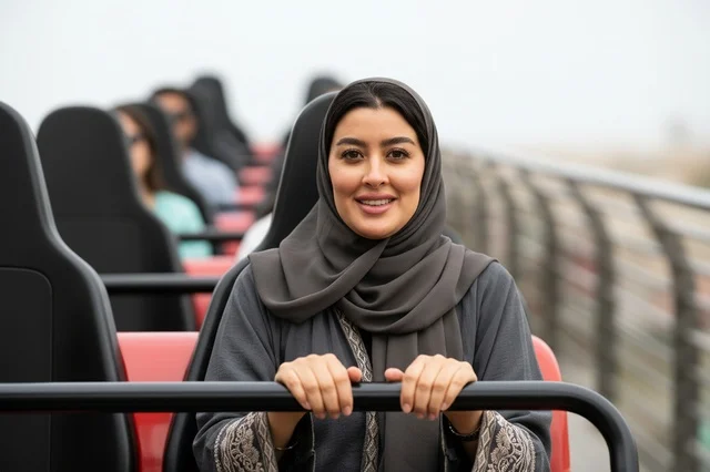 Saudi Woman on Roller Coaster Ride at Theme Park