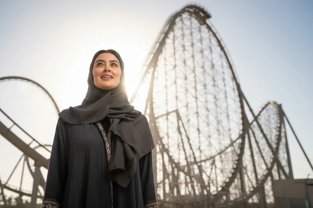 امرأة سعودية في مدينة الملاهي أمام قطار الموت