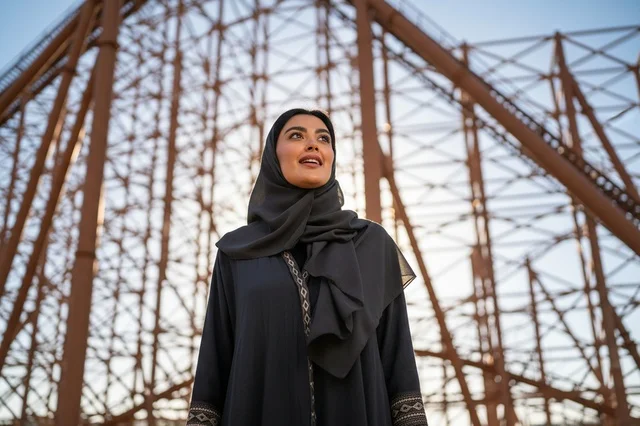 امرأة عربية بالعباءة السوداء أمام هيكل حديدي ضخم امرأة عربية بالعباءة السوداء أمام هيكل حديدي ضخم