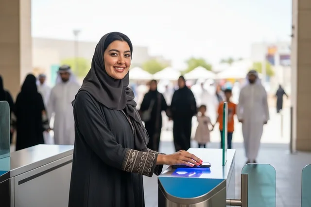 امرأة عربية تمسح هاتفها عند بوابة دخول إلكترونية