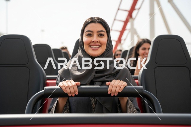 امرأة عربية تبتسم في لعبة قطار الموت بمدينة الملاهي