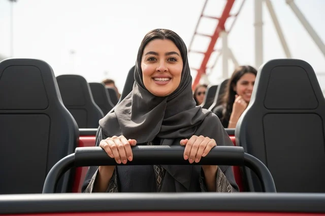 امرأة عربية تبتسم في لعبة قطار الموت بمدينة الملاهي