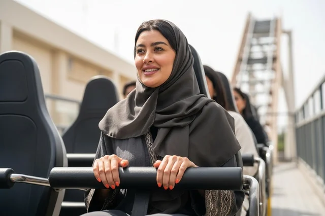 امرأة سعودية تركب قطار الموت في الملاهي