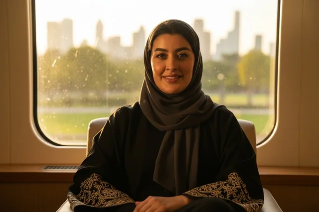 Arab Woman in Abaya Sitting by Window at Sunset Skyline