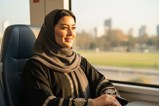 امرأة عربية ترتدي الحجاب وتجلس بجانب نافذة القطار
