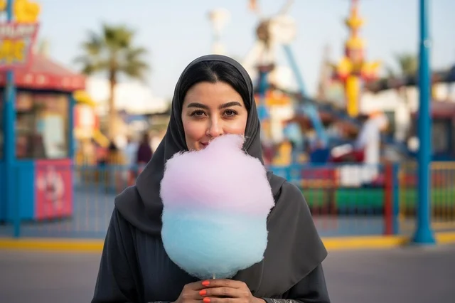 امرأة سعودية بالعباءة تحمل غزل البنات في مدينة الملاهي