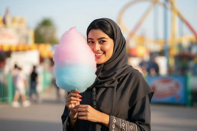 Arab Woman Holding Cotton Candy at Amusement Park