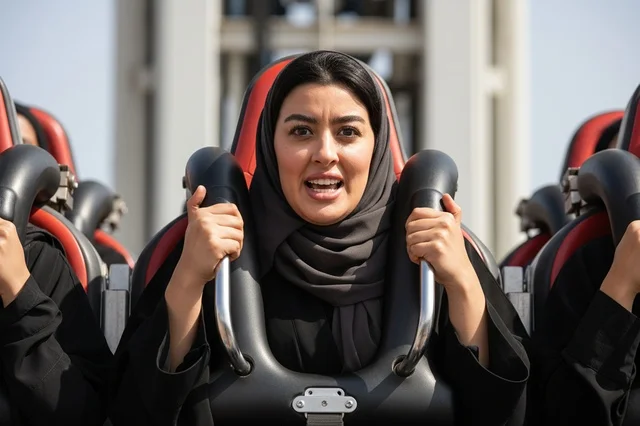 امرأة عربية سعودية تركب الأفعوانية في مدينة الملاهي