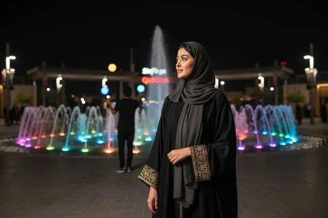 امرأة سعودية بالعباءة التقليدية بجانب نافورة مضيئة ليلاً