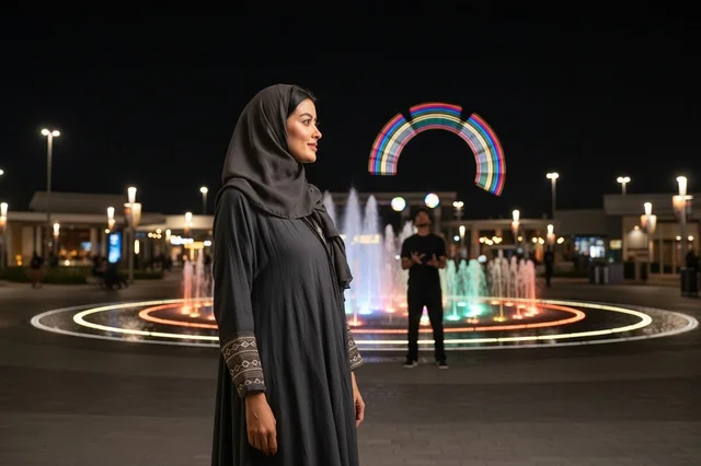 Arab Woman in Black Abaya by Night Fountain in Plaza
