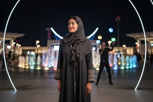 امرأة عربية بالعباءة في ساحة عامة مضيئة بالكامل ليلاً