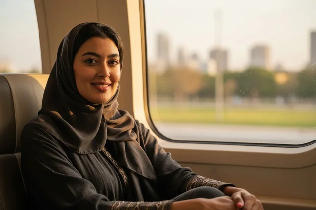 مسافرة عربية محجبة تجلس داخل القطار وقت الغروب