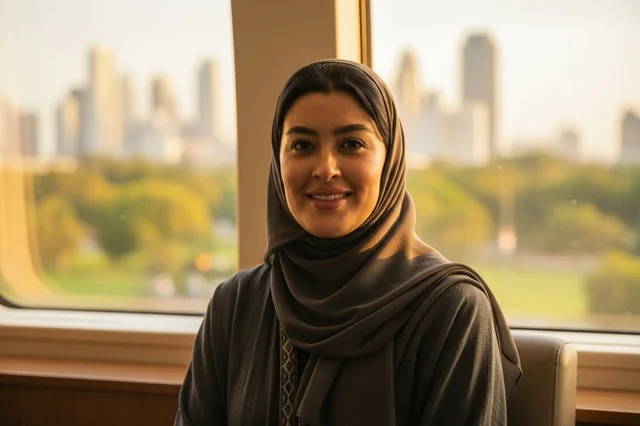 Arab Businesswoman in Hijab with City Skyline Background Arab Businesswoman in Hijab with City Skyline Background