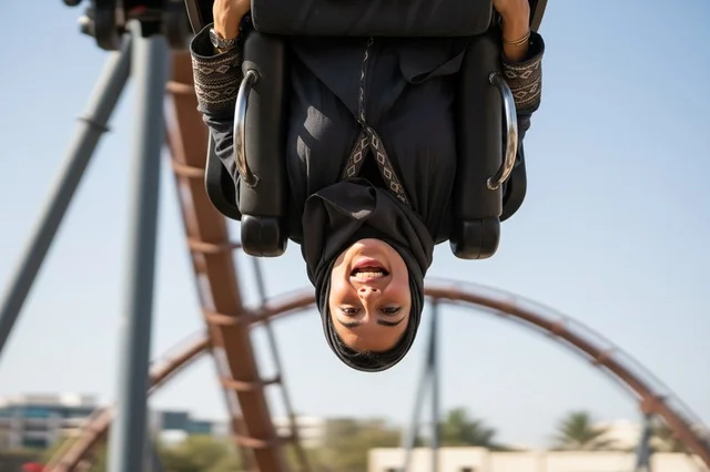 Arab Woman Riding Roller Coaster at Amusement Park