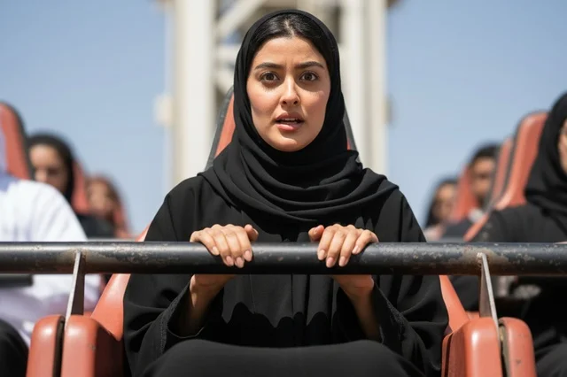 Arab Woman on Amusement Park Roller Coaster Ride Outdoors