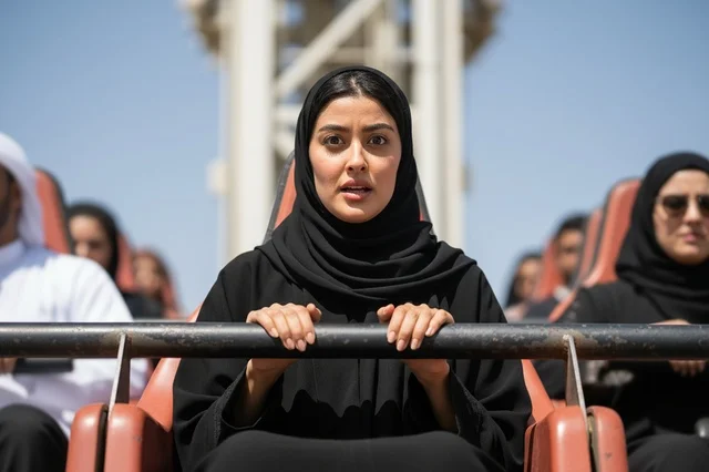 Saudi Arab Woman on Amusement Park Roller Coaster Ride