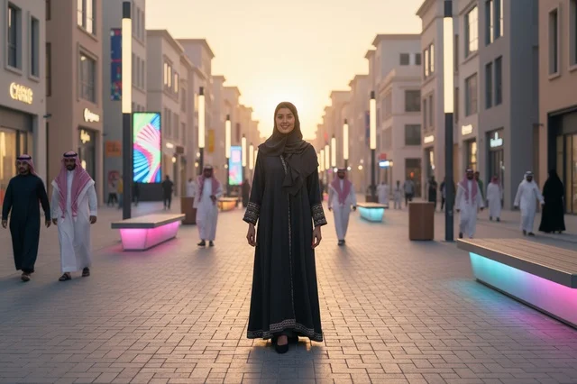 Saudi Woman in Abaya at Riyadh Boulevard Sunset