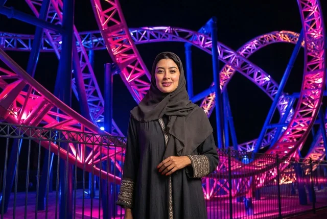 امرأة سعودية في مدينة الملاهي أمام الأفعوانية ليلاً