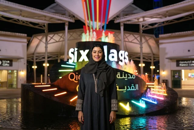 امرأة سعودية بالعباءة في مدينة القدية بالرياض ليلاً