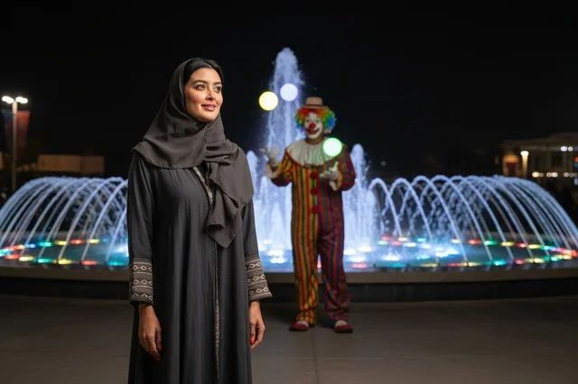 امرأة سعودية ومهرج ألعاب خفة بجانب نافورة مضيئة ليلا