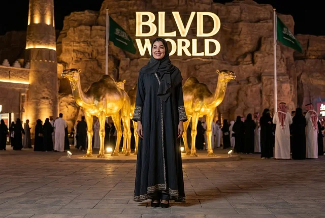 امرأة سعودية في ساحة بوليفارد وورلد الرياض ليلاً