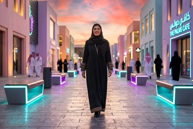 امرأة سعودية تسير في بوليفارد الرياض وقت الغروب