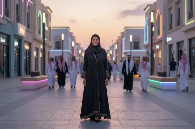 امرأة سعودية بالعباءة السوداء في ممشى حديث وقت الغروب
