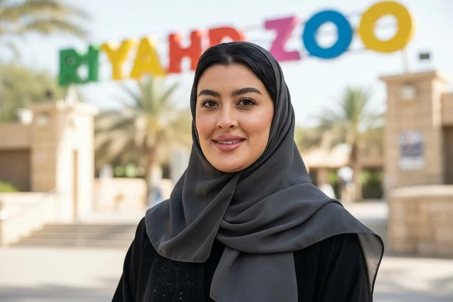 Saudi Woman Smiling at Riyadh Zoo Entrance in Daylight