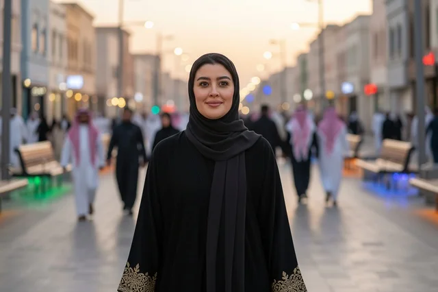 Smiling Saudi Woman in Abaya on Riyadh Pedestrian Street