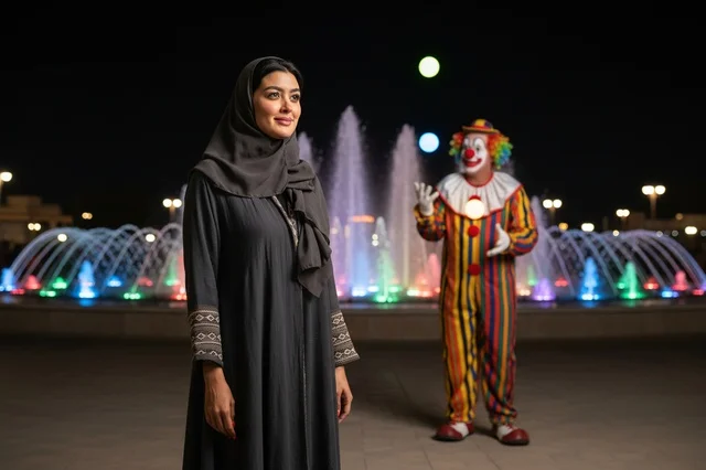 امرأة عربية بعباءة سوداء مع مهرج ملون ونافورة مضيئة ليلاً
