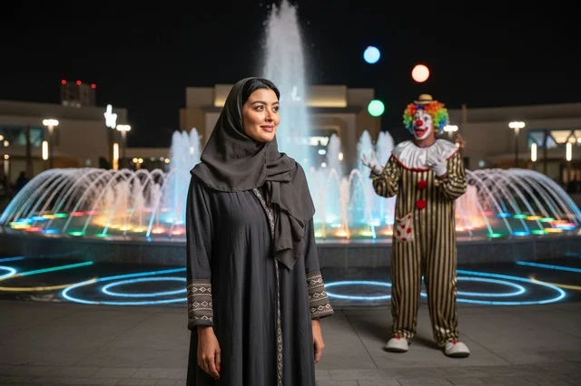 امرأة سعودية مع مهرج عند نافورة مضيئة ليلا