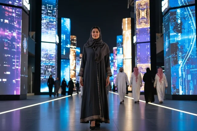 Arab Woman in Abaya on Futuristic Neon City Boulevard Arab Woman in Abaya on Futuristic Neon City Boulevard