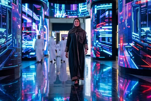 امرأة إماراتية تمشي في ممر نيون مستقبلي حديث