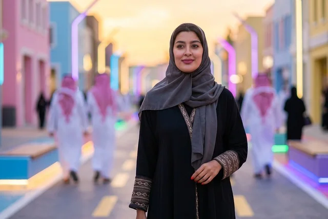 Saudi Woman in Abaya on Riyadh Street at Twilight