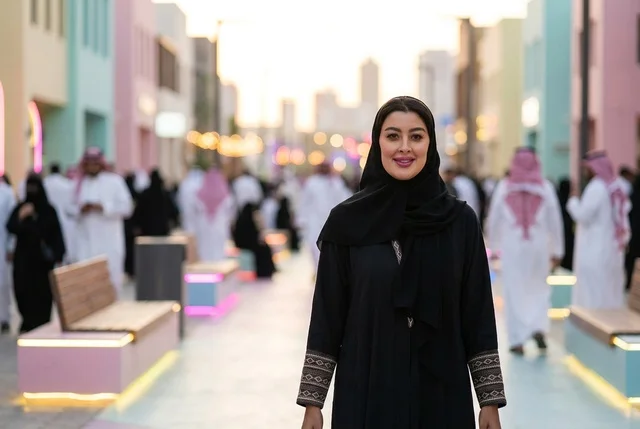 Saudi Woman in Abaya at Outdoor Boulevard in Evening