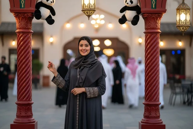 Smiling Saudi Woman in Black Abaya in Outdoor Plaza
