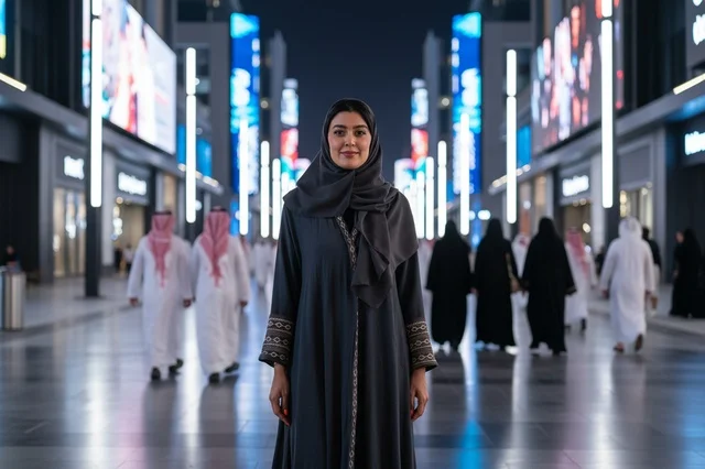 Saudi Woman in Abaya on Modern Riyadh Boulevard at Night